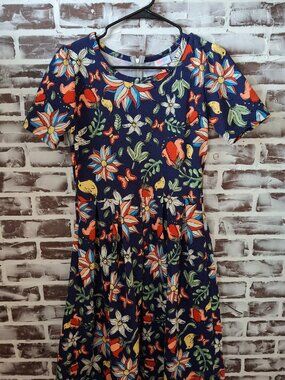 Lularoe Medium Amelia A-Line Dress Blue Floral Birds Short Sleeves